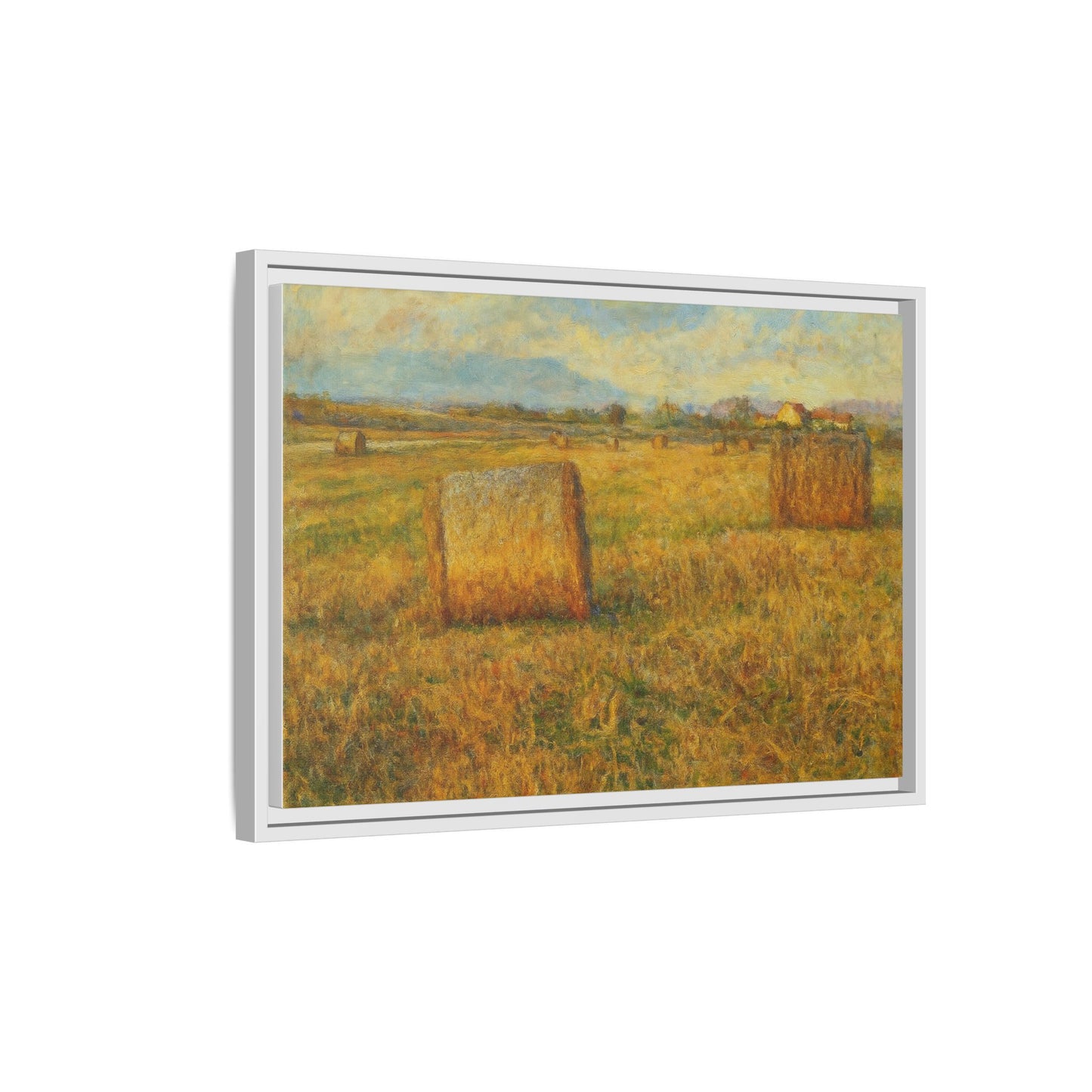 Framed matte canvas wall art featuring a rustic hayfield landscape print by Printify.