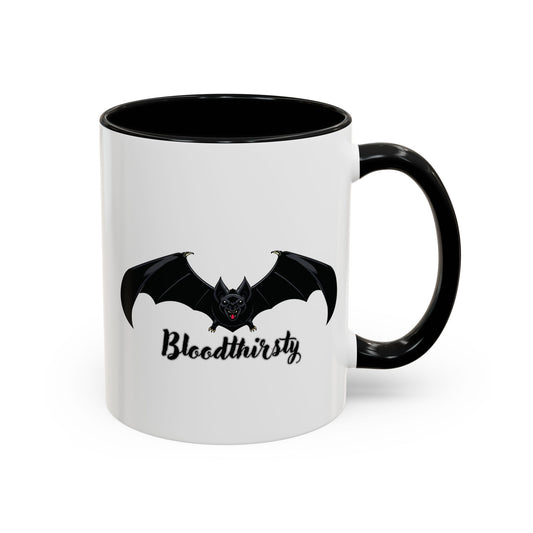 Black ceramic coffee mug featuring a bloodthirsty bat gothic vampire design, perfect for Halloween or gothic-themed gifts.