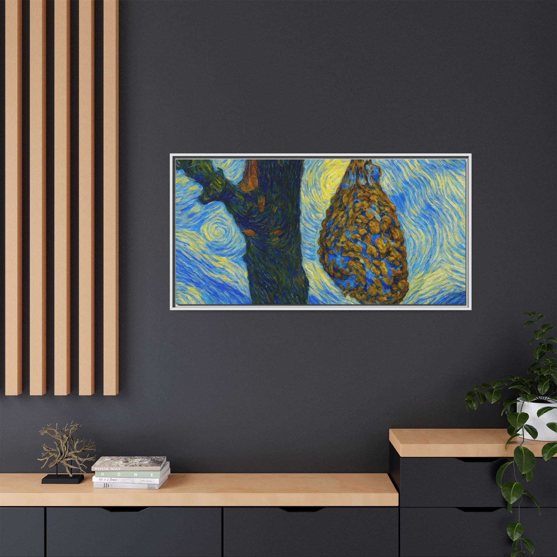 Framed matte canvas art of a starry nut cluster with dried plum in a tree, by Printify, showcasing detailed nature scene.