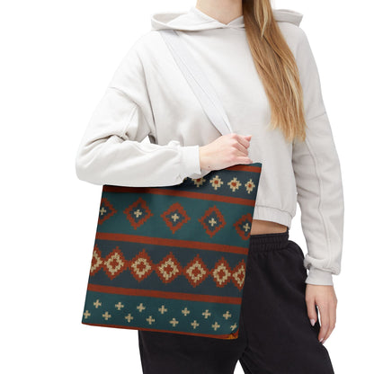 Southwestern diamond pattern tote bag with Aztec tribal geometric print, featuring sturdy handles and vibrant design.