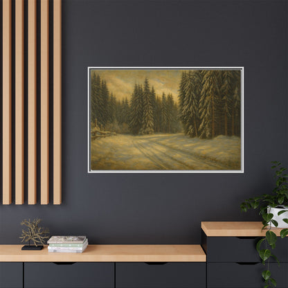 Framed matte canvas wall art featuring a winter forest landscape with snow-covered trees and a serene winter scene.