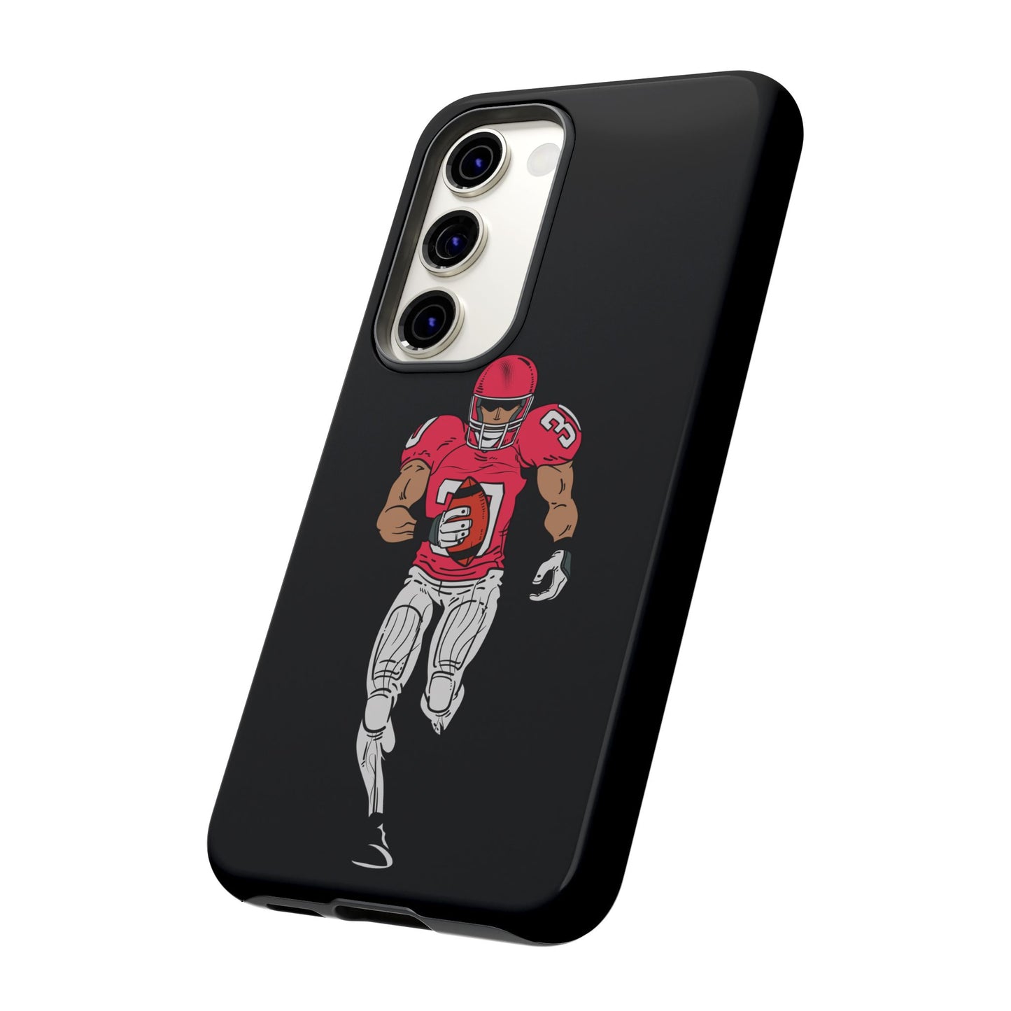 Black football player tough phone case for iPhone, protective sports-themed case by Printify with athletic design.