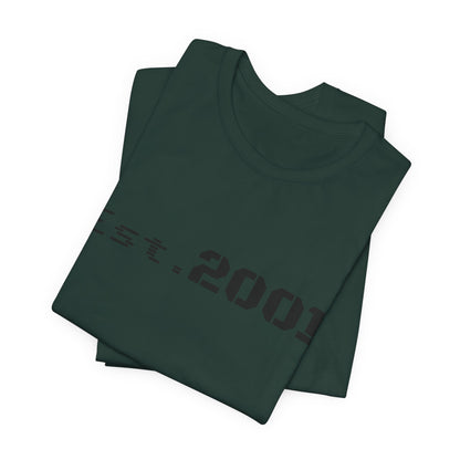Retro minimalist Est. 2001 graphic T-shirt by Printify, featuring a simple birth year design on a classic crewneck tee.