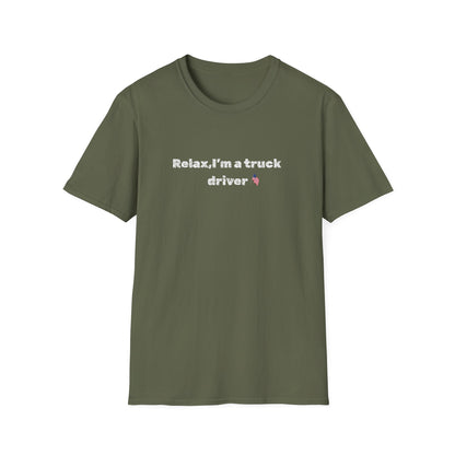 Pink heart and humorous text on a Relax, I'm a Truck Driver T-Shirt by Printify, casual trucker tee for men or women.