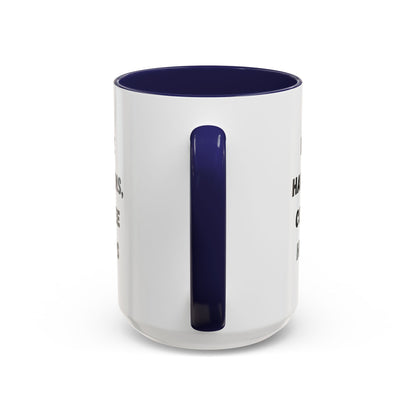 Black ceramic mug with "Life Happens Coffee Helps" text, 11oz size, with black handle and rim by Printify.