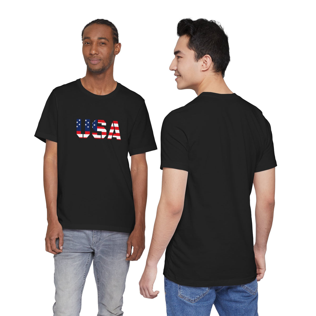 USA flag text T-shirt by Printify showing a patriotic design on a casual cotton T-shirt for Fourth of July celebrations.