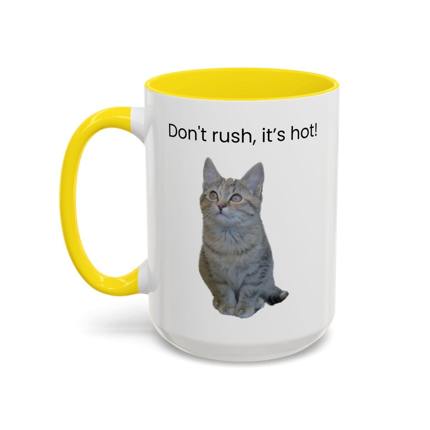 Cat Coffee Mug - "Don't rush, it's hot!" Accent Ceramic Mug (11/15 oz)