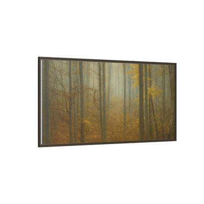 Framed matte canvas wall art of a misty autumn forest, featuring vibrant fall colors and detailed woodland scenery.