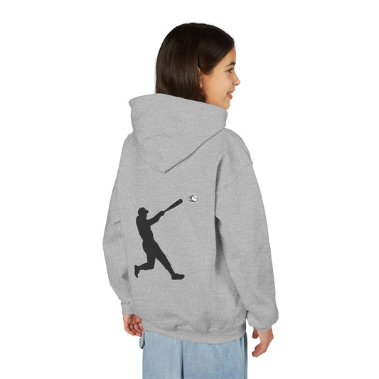 Youth baseball silhouette hoodie for kids, featuring a baseball player design on a pullover sweatshirt by Printify.