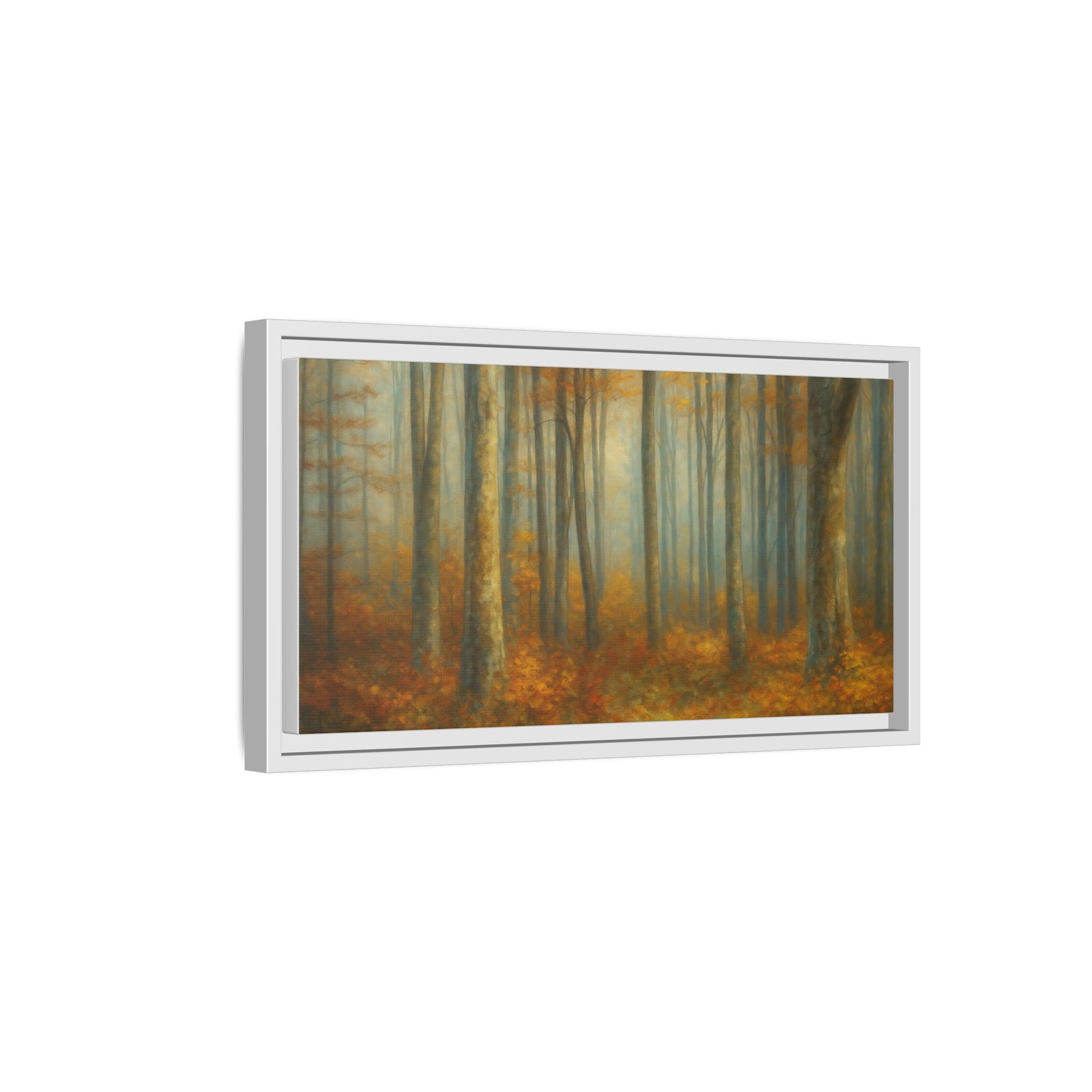 Framed autumn forest canvas print by Printify featuring a misty woodland scene, perfect for wall art decoration.