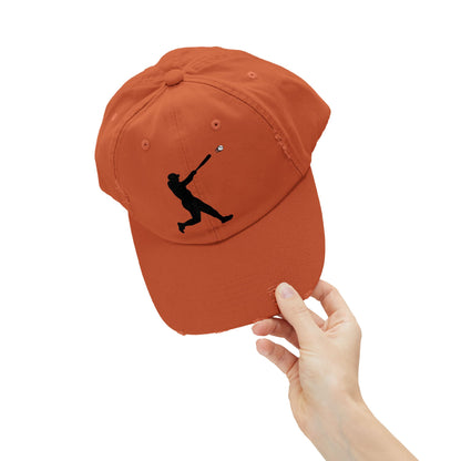 Distressed baseball cap featuring silhouette batter design, casual hats by Printify with a worn, vintage look.