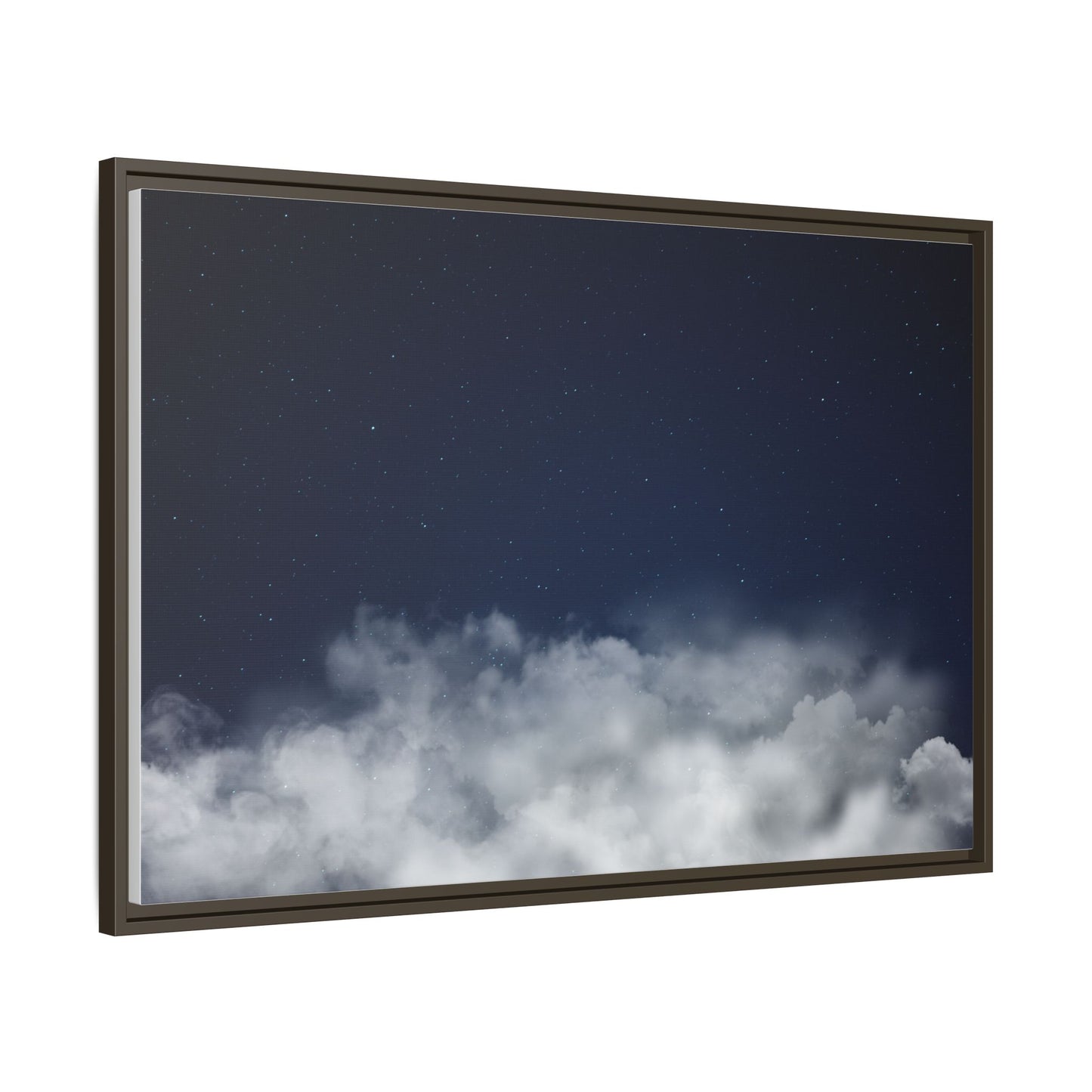 Framed night sky clouds matte canvas wall art featuring starry sky scene, designed by Printify for elegant bedroom or living room decor.