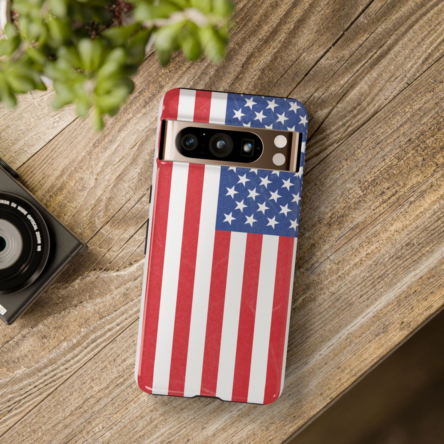 Durable American flag phone case for iPhone by Printify, featuring a patriotic design with stars and stripes.
