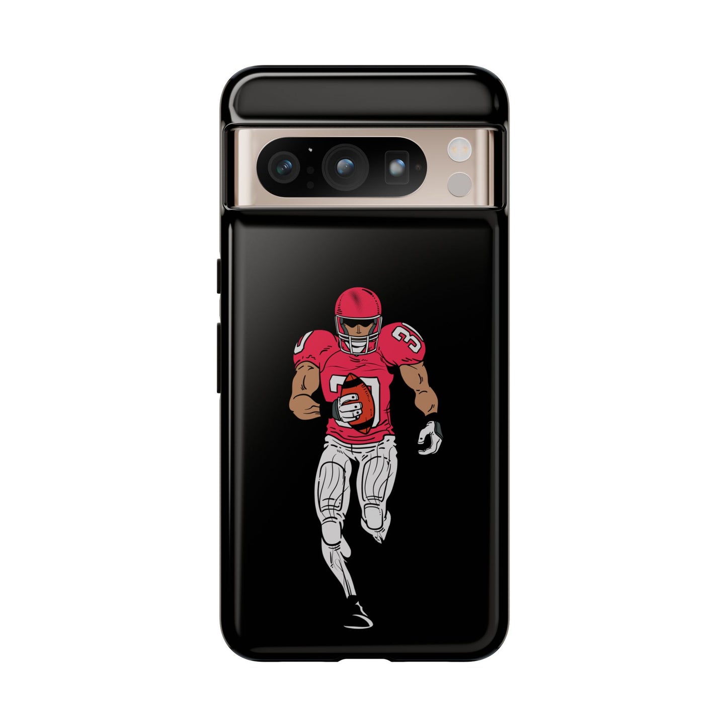 Black football player tough phone case for iPhone, protective sports-themed case by Printify with athletic design.