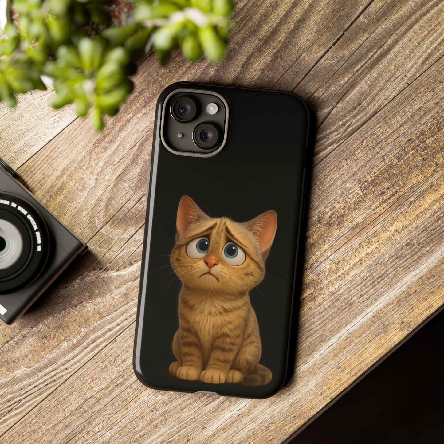 Cute sad kitty print phone case for iPhone by Printify, featuring a protective design with a sad cat illustration.