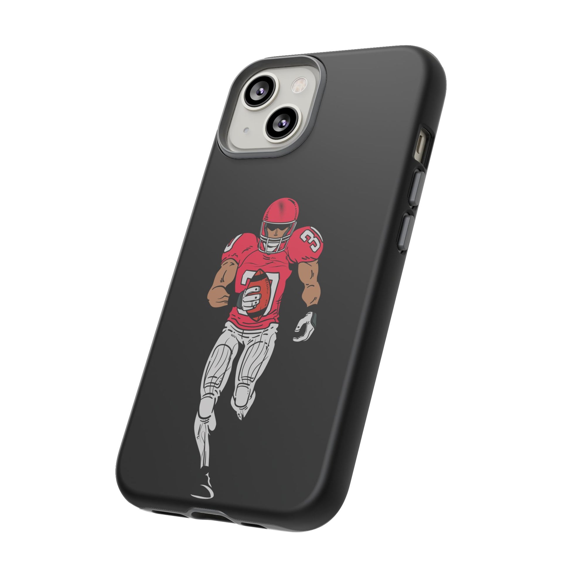 Black football player tough phone case for iPhone, protective sports-themed case with athlete graphic from Printify.