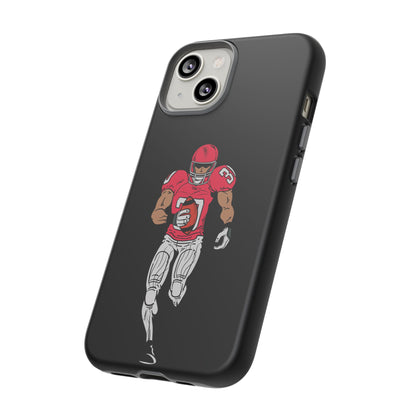 Black football player tough phone case for iPhone, protective sports-themed case with athlete graphic from Printify.