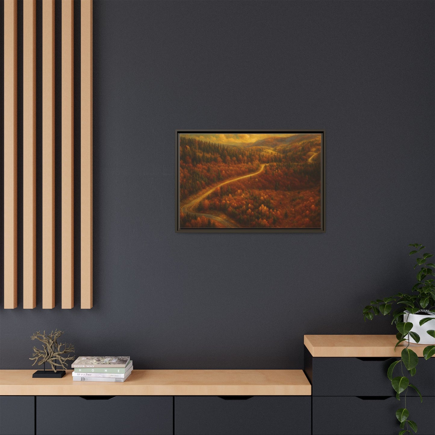 Framed matte canvas print of autumn forest road landscape wall art by Printify, showcasing vibrant fall colors and scenic nature scene.