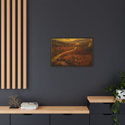 Framed matte canvas print of autumn forest road landscape wall art by Printify, showcasing vibrant fall colors and scenic nature scene.