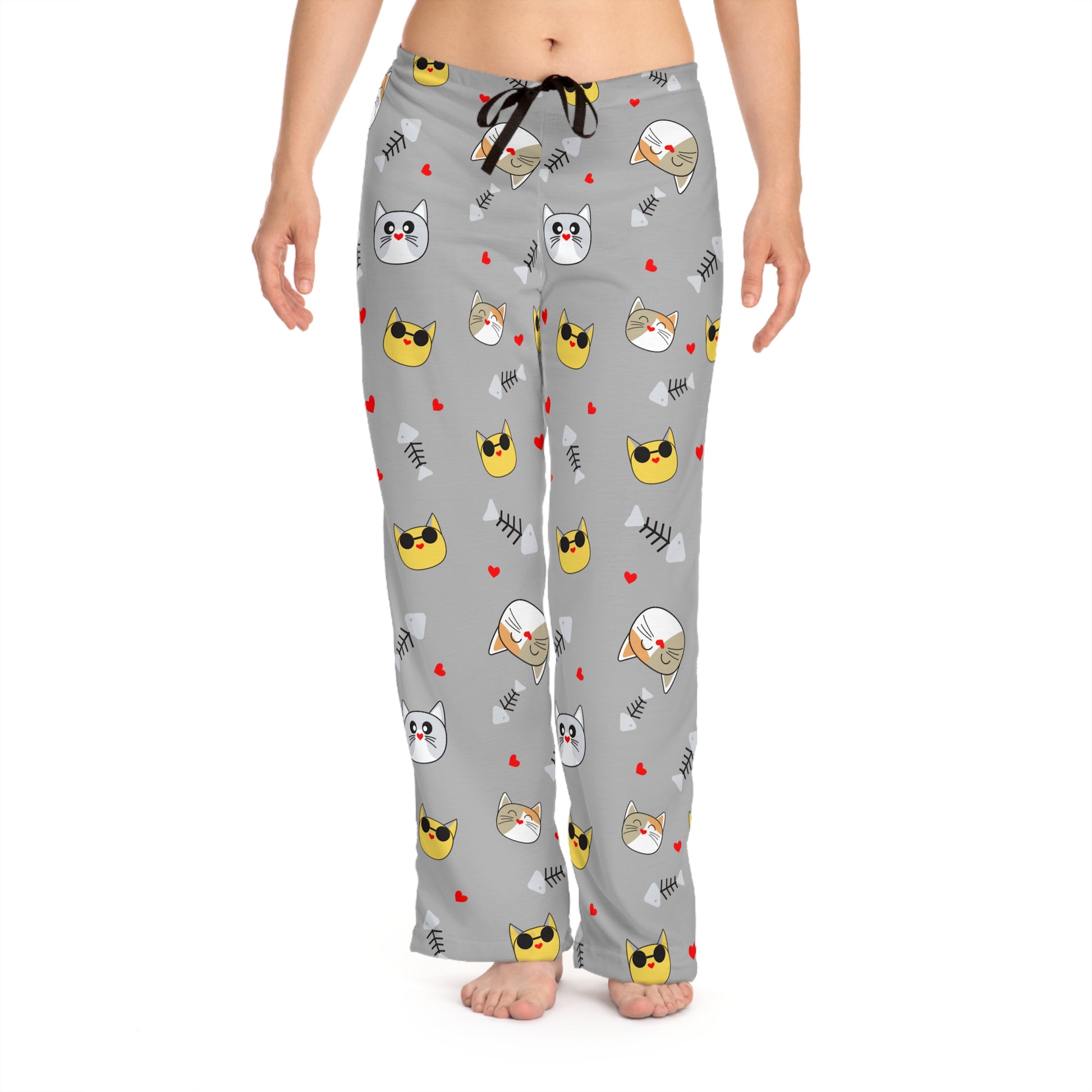 Grey women's pajama pants with a cute cat face pattern, all-over print, comfortable sleep lounge wear from Printify.
