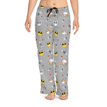 Grey women's pajama pants with a cute cat face pattern, all-over print, comfortable sleep lounge wear from Printify.