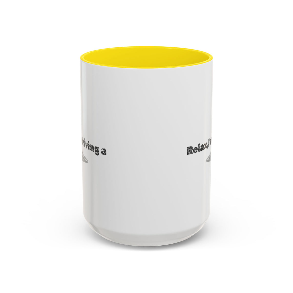 Ceramic coffee mug with "Relax, I’m Driving" UFO design, 11 oz, featuring colorful alien and spacecraft illustrations.