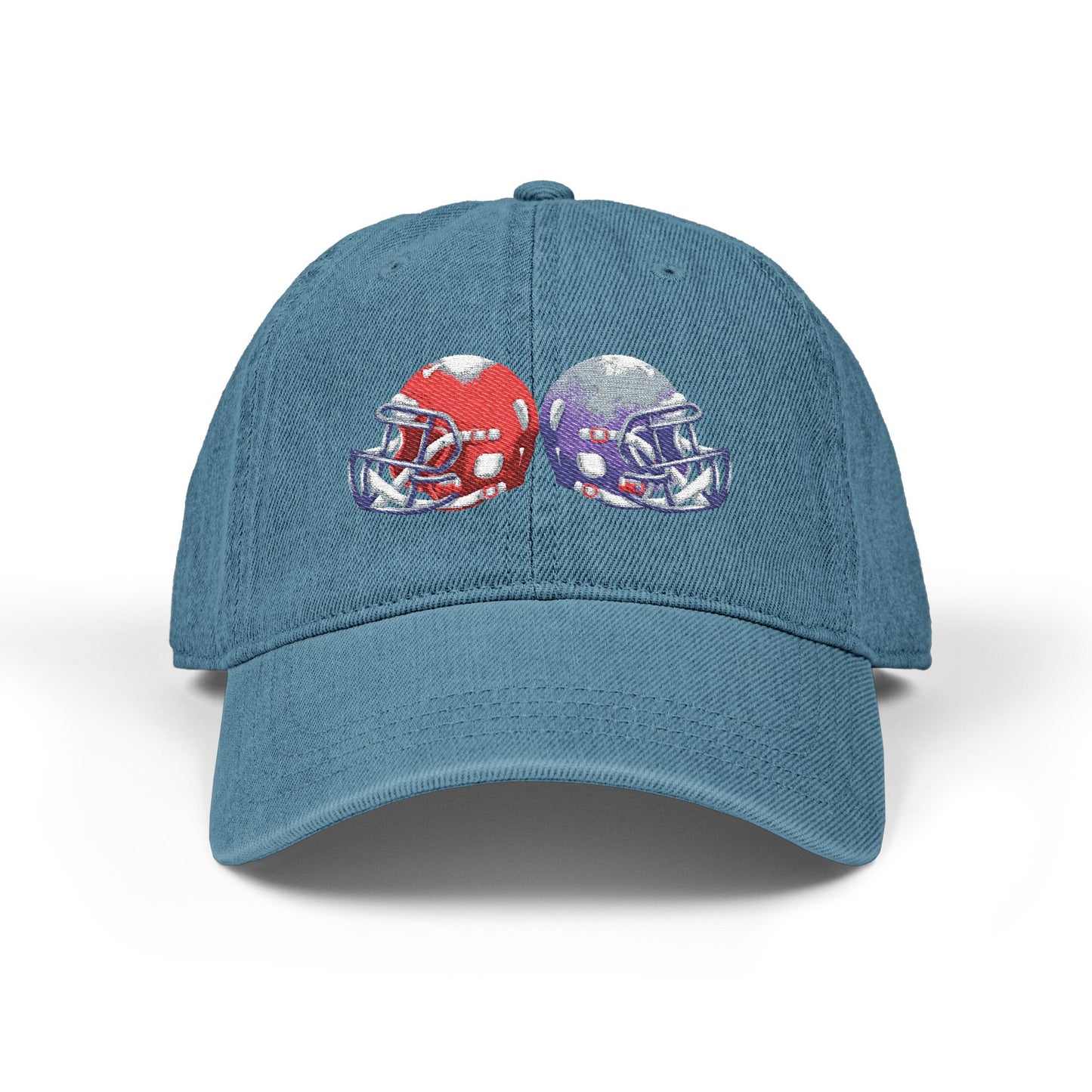 Red and blue embroidered football helmet denim hat with team cap design by Printify, casual sports-style headwear.