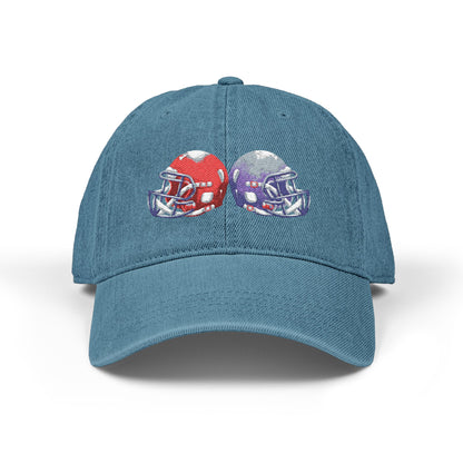 Red and blue embroidered football helmet denim hat with team cap design by Printify, casual sports-style headwear.
