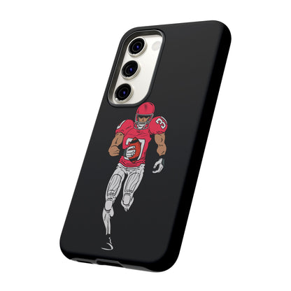Black football player tough phone case for iPhone, protective sports-themed case by Printify with athletic design.