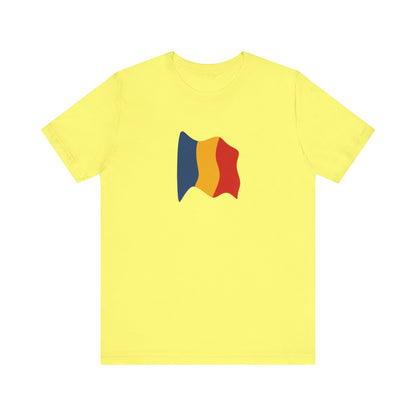 Romania flag T-shirt by Printify featuring a minimal waving tricolor design on a casual tee.
