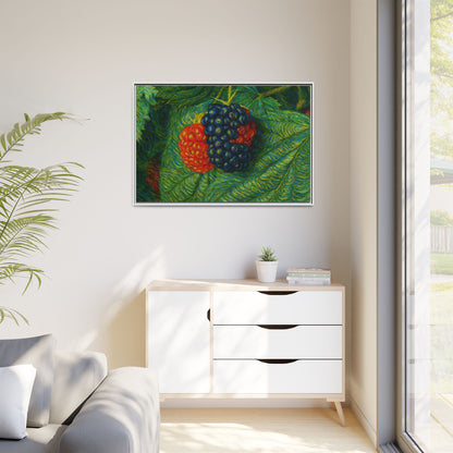 Blackberry still life canvas print by Printify, framed wall art showcasing vibrant blackberries on canvas.