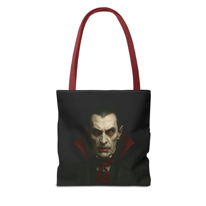 Black vampire-themed tote bag with spooky gothic design, perfect for Halloween accessories and gothic fashion.