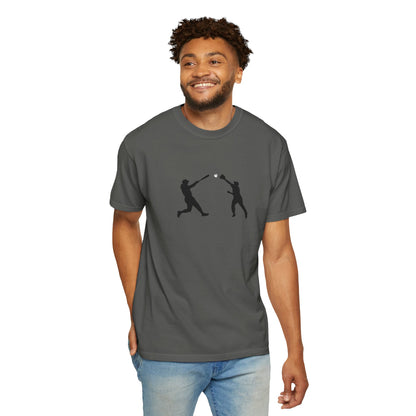 Minimalist baseball player silhouette graphic T-shirt by Printify, featuring a simple baseball-themed design on a casual tee.