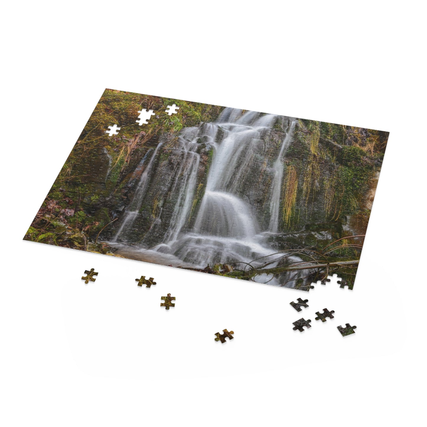 Printify Mossy Waterfall Puzzle featuring lush green moss and cascading water, perfect for nature-themed puzzle enthusiasts.