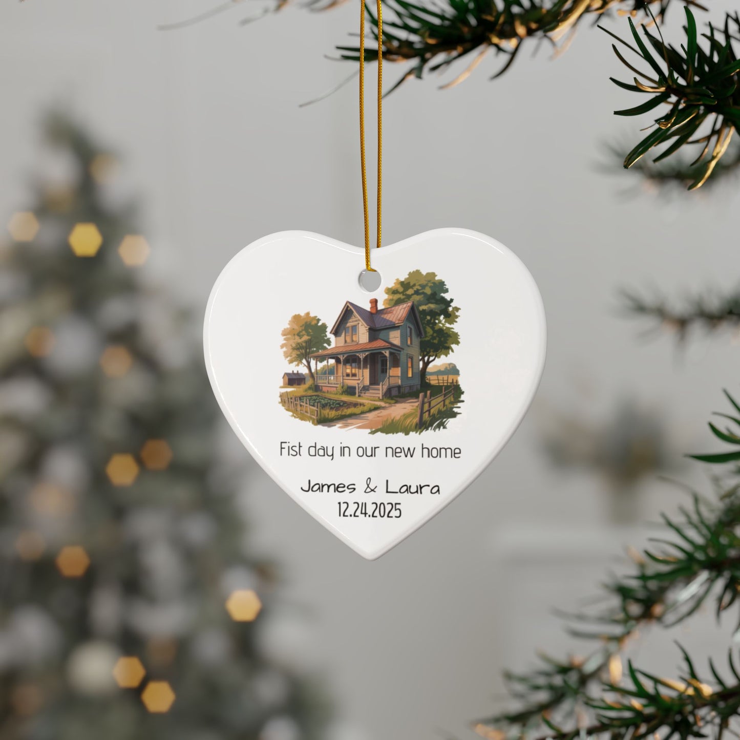 Vintage house illustration ceramic ornament with personalized name and date, featuring detailed vintage-style artwork.