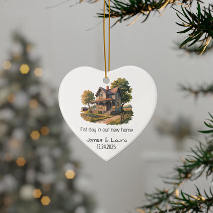 Vintage house illustration ceramic ornament with personalized name and date, featuring detailed vintage-style artwork.