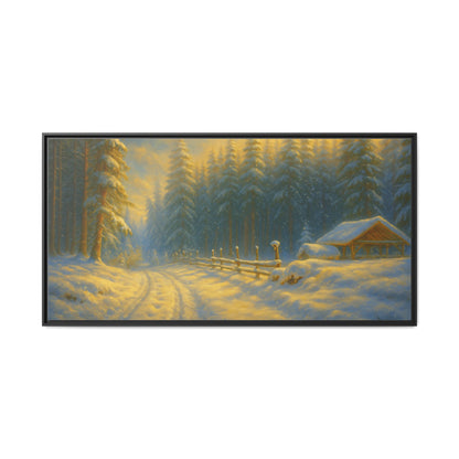 Framed winter cabin canvas print featuring a snowy forest sunset, wall art by Printify with a cozy winter landscape.