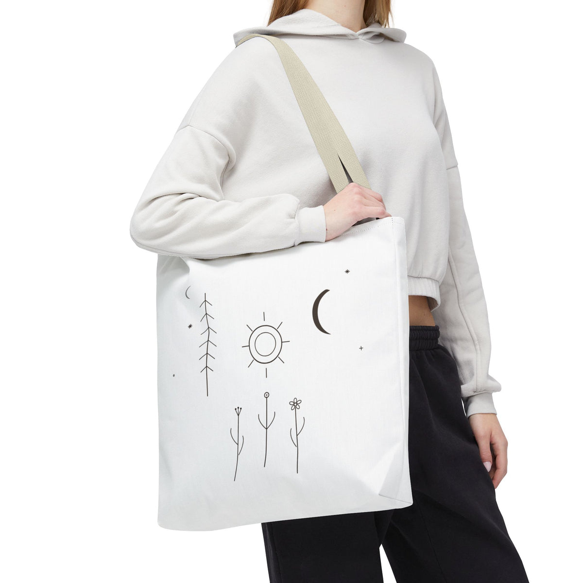 Minimal moon and sun botanical tote bag with celestial line art design, featuring a stylish and eco-friendly printify bag.