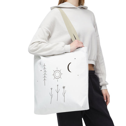 Minimal moon and sun botanical tote bag with celestial line art design, featuring a stylish and eco-friendly printify bag.