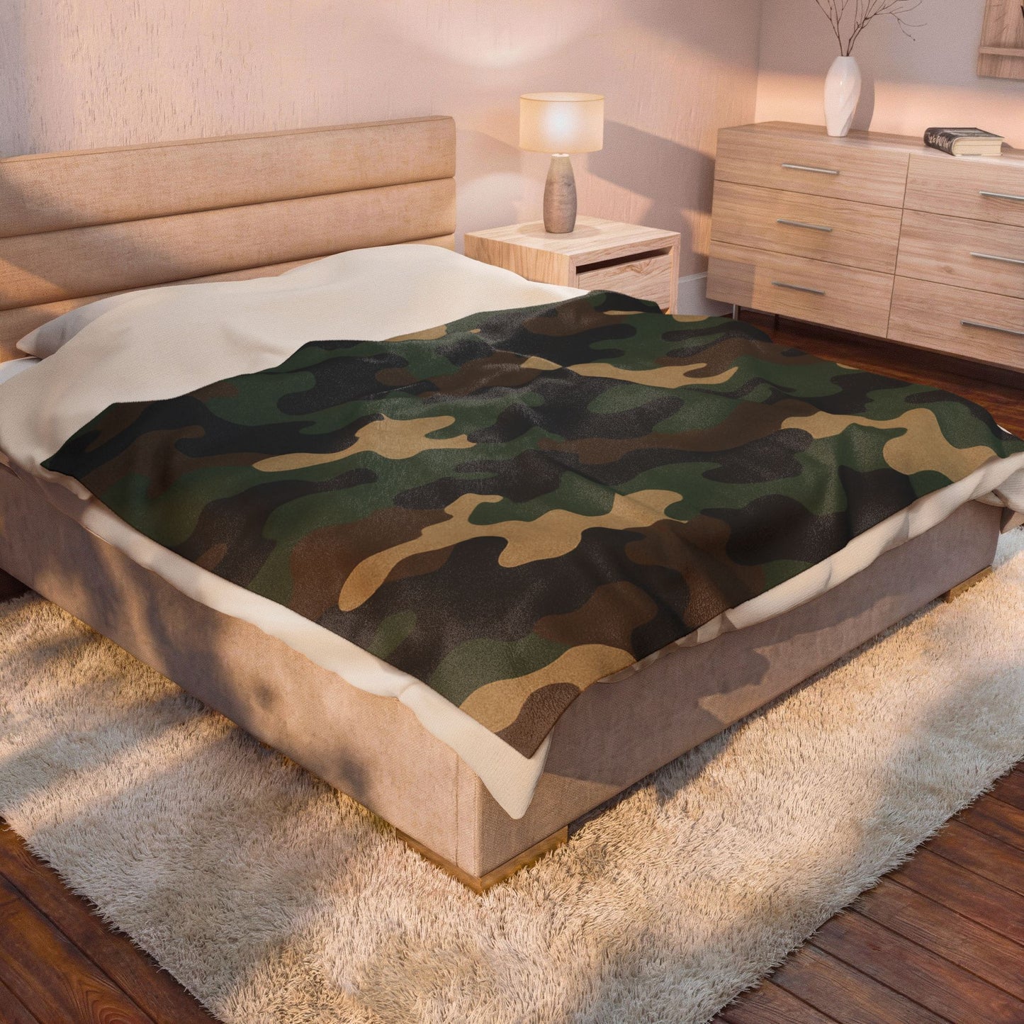 Camouflage velveteen plush blanket with all-over print, soft camo throw for camping, hunting, and cozy home use by Printify