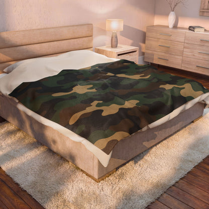 Camouflage velveteen plush blanket with all-over print, soft camo throw for camping, hunting, and cozy home use by Printify