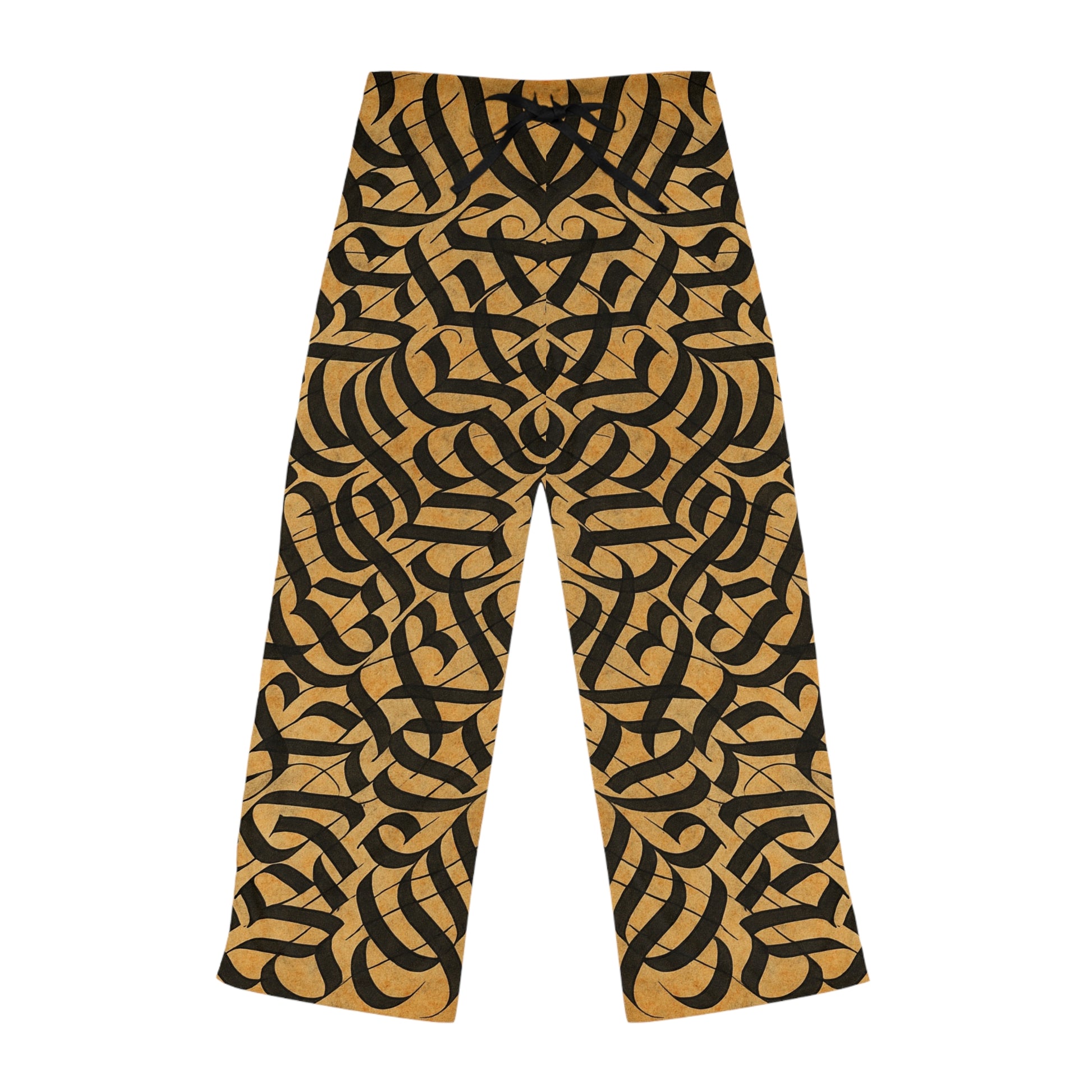 Women's gold and black tribal print pajama pants featuring all-over tribal pattern, cozy lounge sleepwear from Printify.