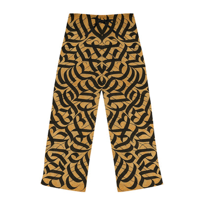Women's gold and black tribal print pajama pants featuring all-over tribal pattern, cozy lounge sleepwear from Printify.