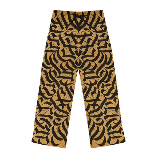 Women's gold and black tribal print pajama pants featuring all-over tribal pattern, cozy lounge sleepwear from Printify.