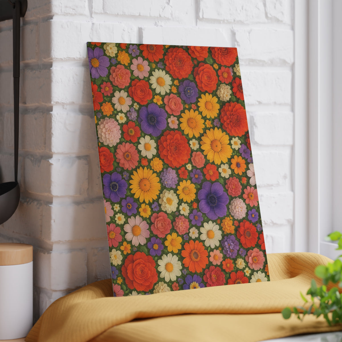 Floral Glass Cutting Board – Colorful Retro Flower Pattern Kitchen Board