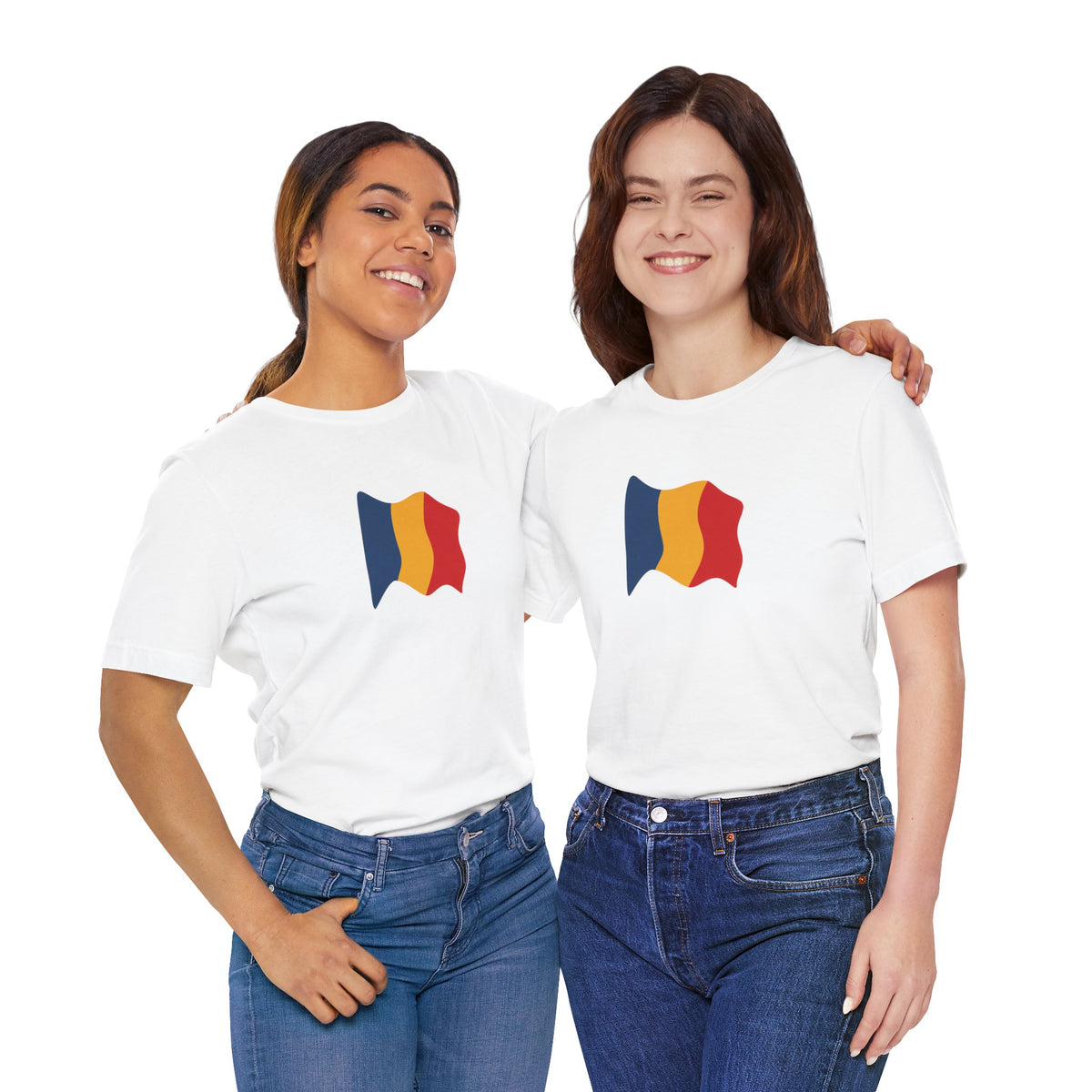 Romania flag T-shirt with minimal waving tricolor design, casual cotton tee by Printify showing the flag pattern and fabric texture.
