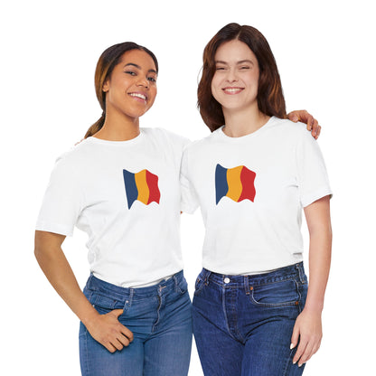 Romania flag T-shirt with minimal waving tricolor design, casual cotton tee by Printify showing the flag pattern and fabric texture.