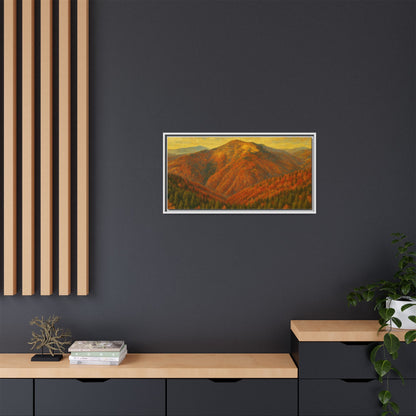 Autumn mountain matte canvas framed wall art by Printify featuring a scenic mountain landscape in warm tones.
