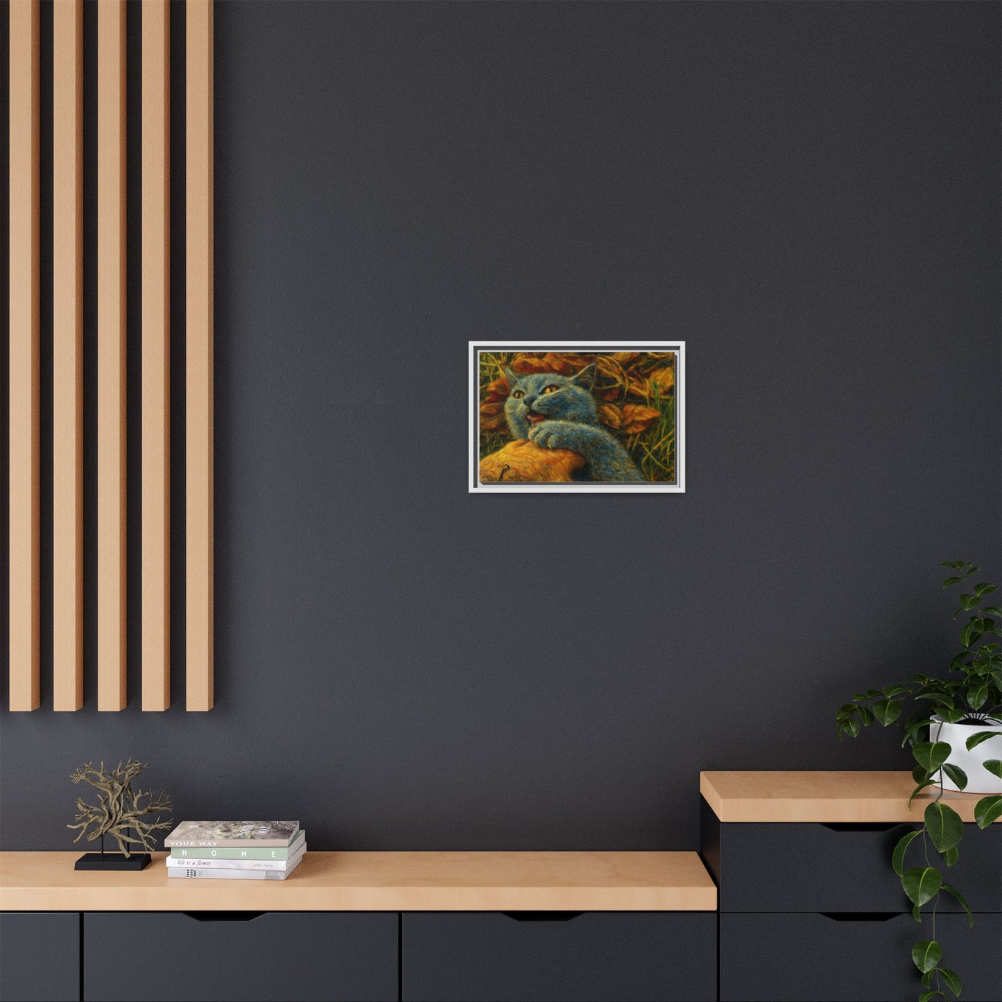 Blue cat canvas print featuring whimsical wall art, perfect gift for cat lovers, printed by Printify on high-quality canvas.