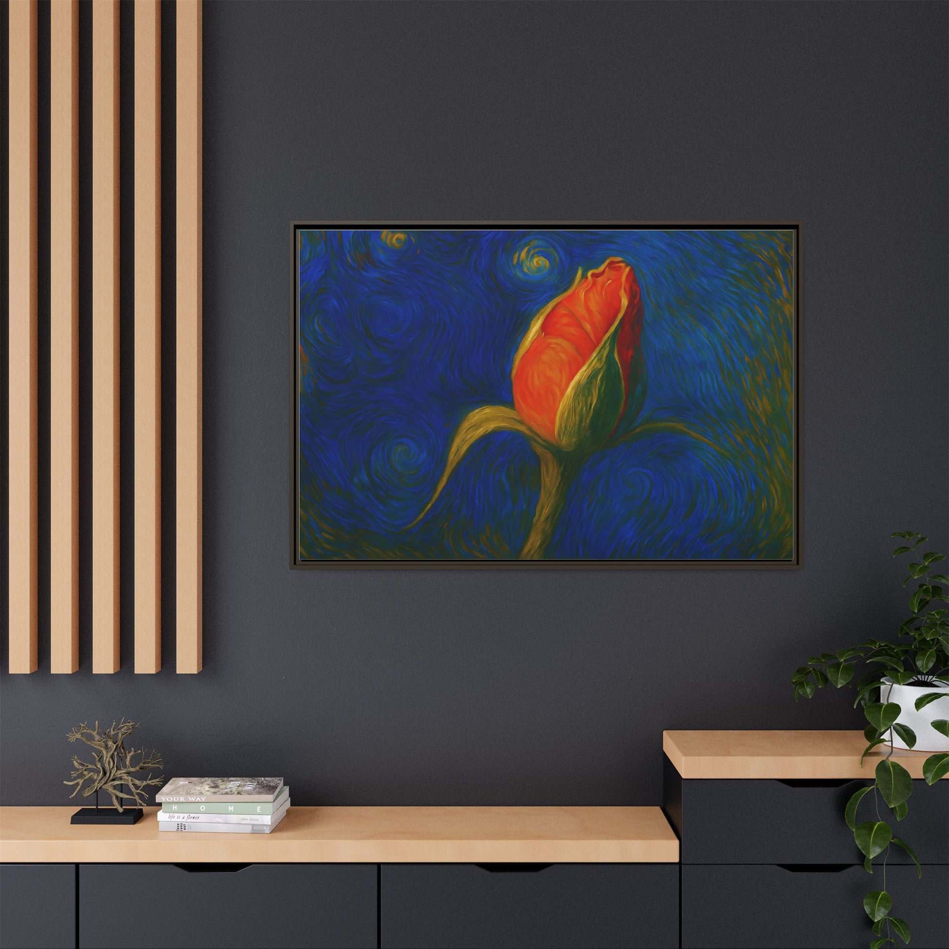 Red rose bud painting on framed canvas wall art by Printify, featuring vibrant red roses in a matte finish.